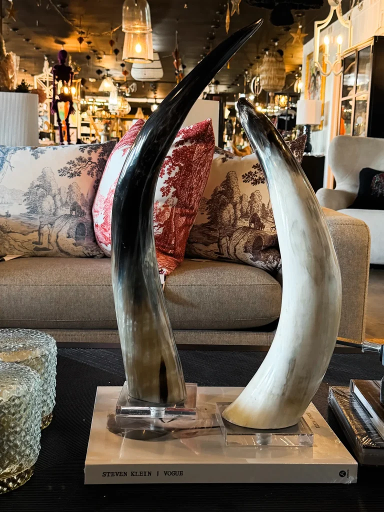 Sculptural horn decor on a wood stand