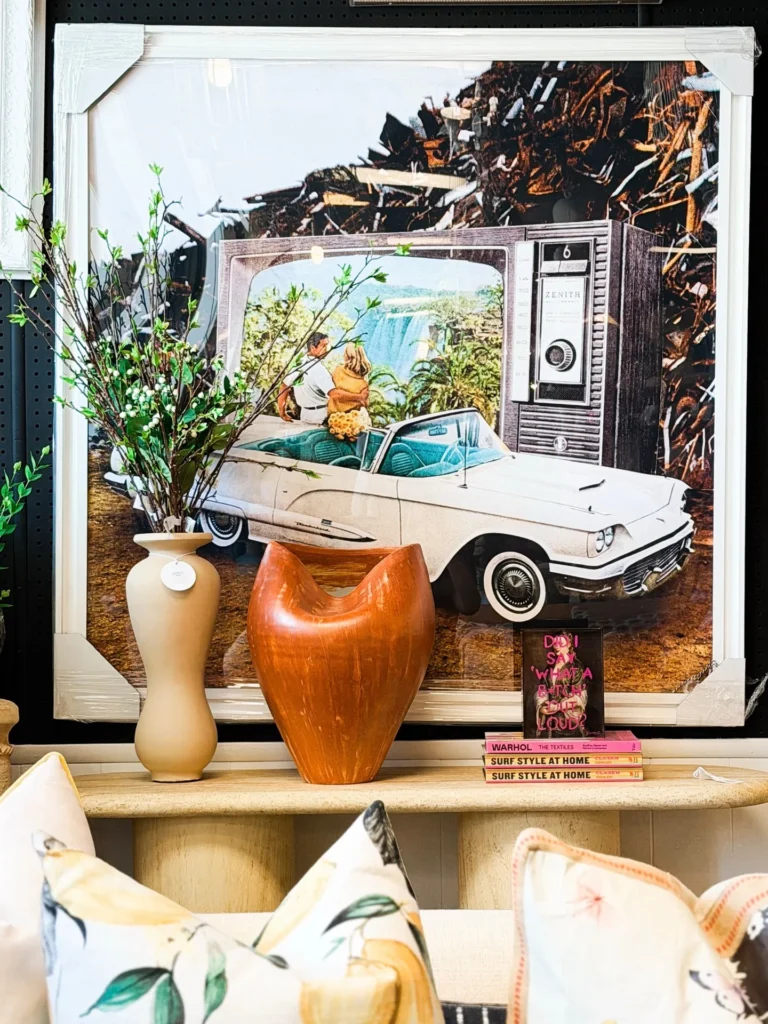 Retro car art with modern vases