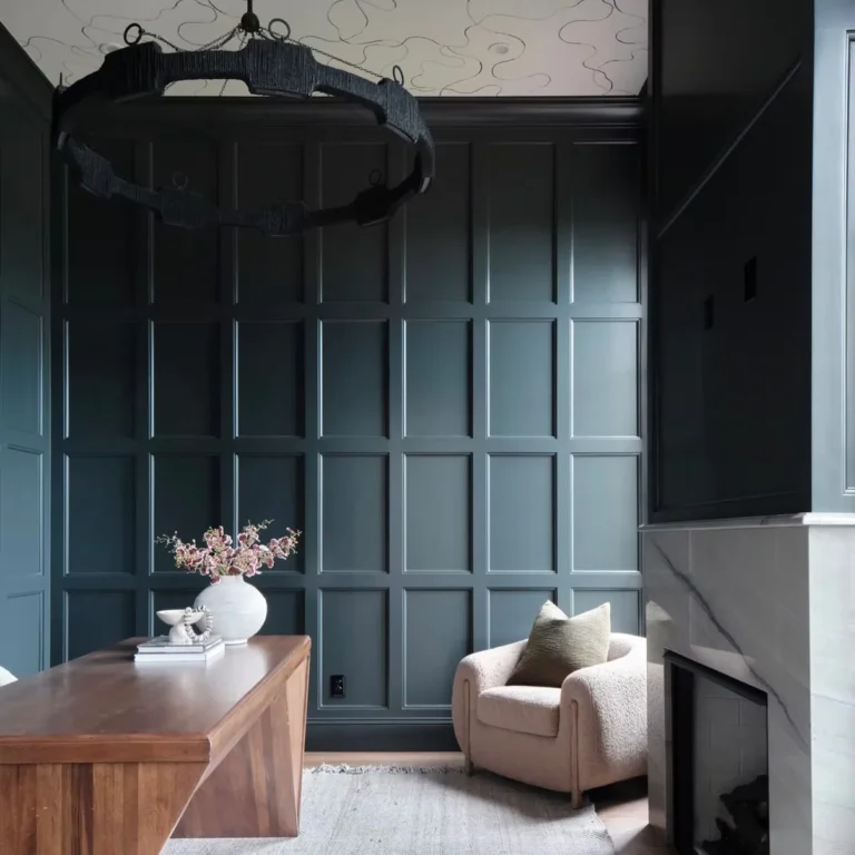 Staged home office with dark paneled walls – home staging Oklahoma City by Live Boho